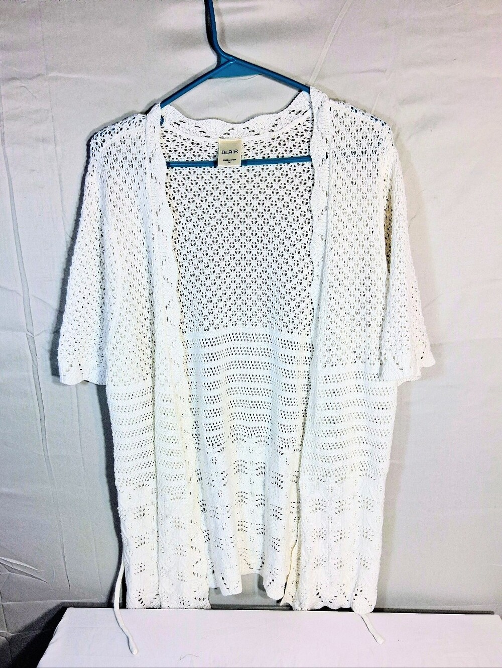 Blair Medium White Open Knit Open Front  Short Sleeves Relaxed Fit Cardigan